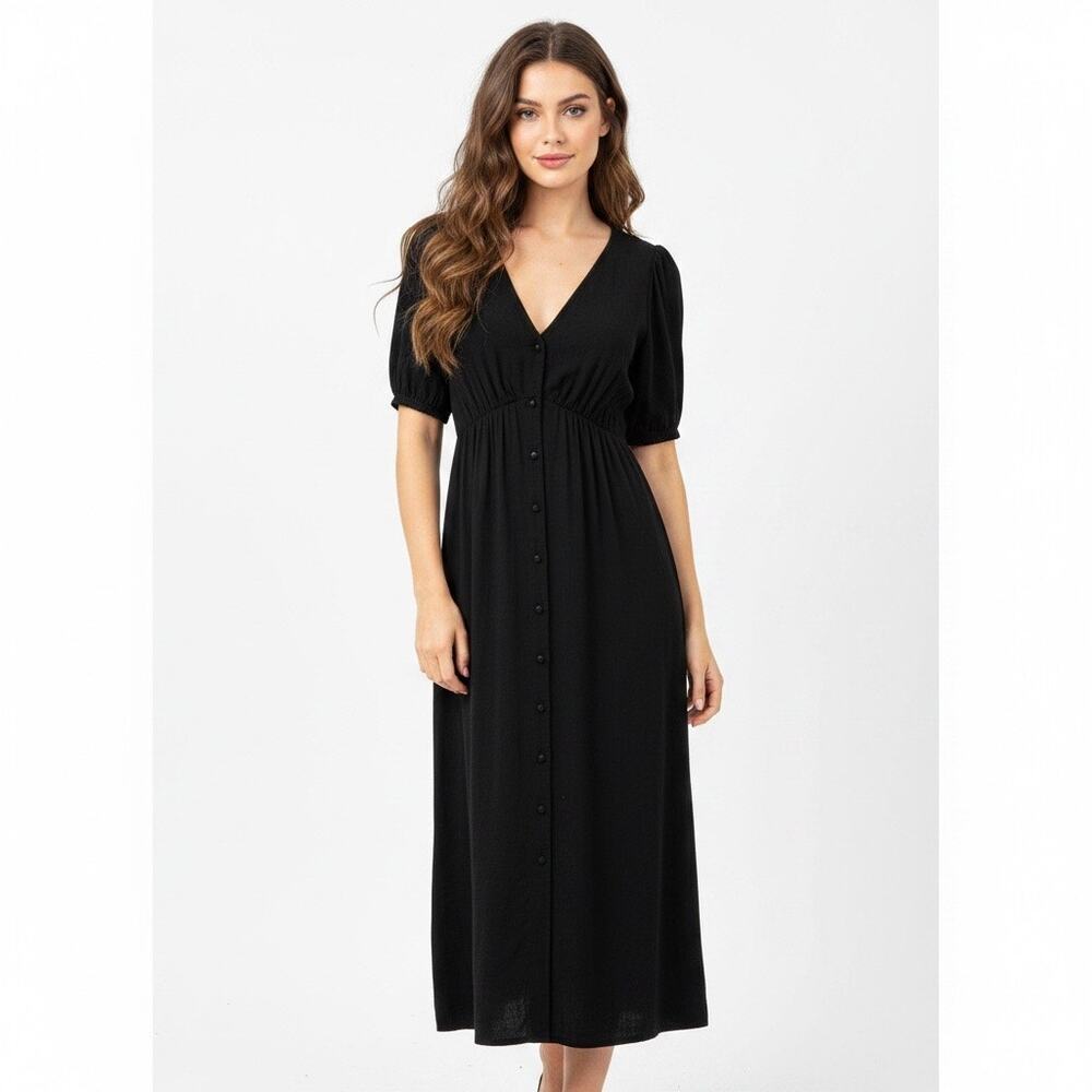 Old Navy Black Midi Dress Large Tall Smocked Romantic Short Sleeve V Neck Chic